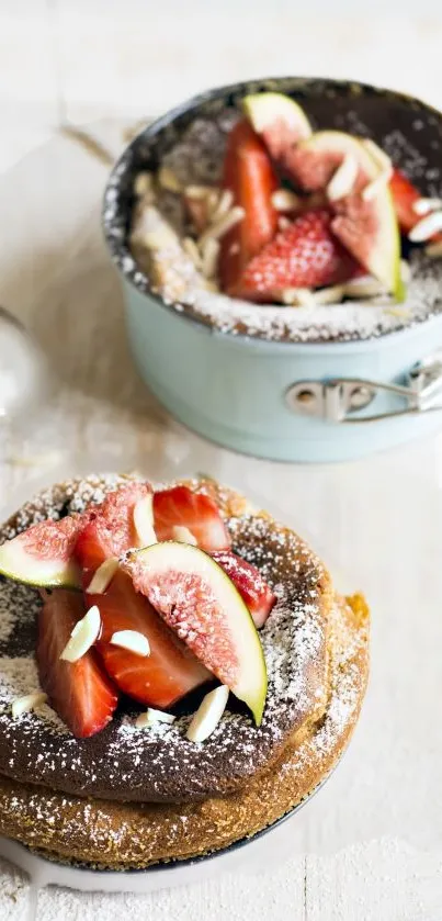 Freshly baked cakes with strawberries and figs on a light wooden board.