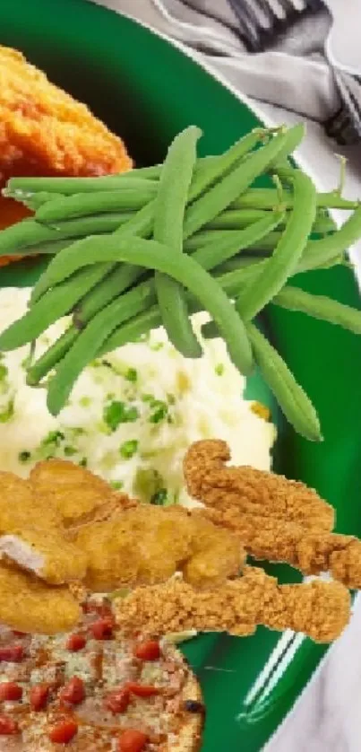 Fried food on green plate with utensils.