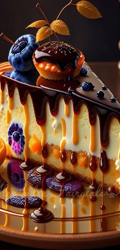 Artistic cheesecake with chocolate and fruits on a plate.