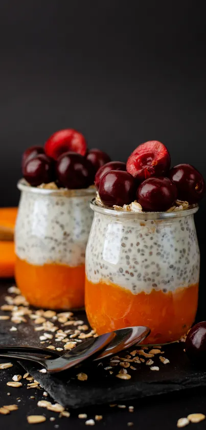 Chia parfait with cherries and apricot, a delicious mobile phone wallpaper.