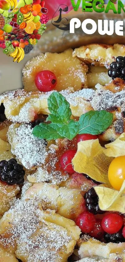 Delicious fruit pancake with berries in a decorative setting.