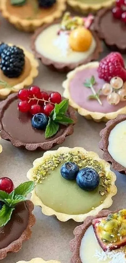 Colorful mini fruit tarts with fresh berries.