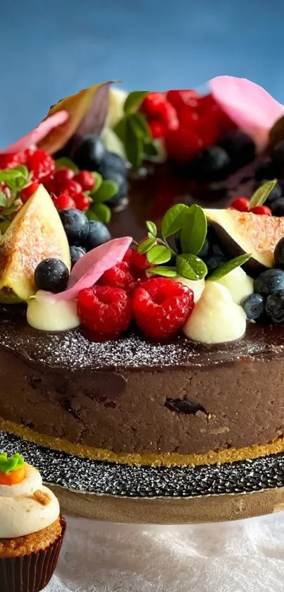 Chocolate cake with berries and floral decor on a blue backdrop.