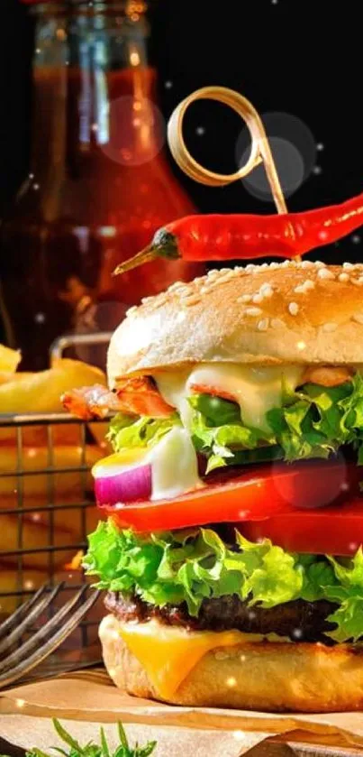 A vibrant burger with fries and sauces on a mobile wallpaper.