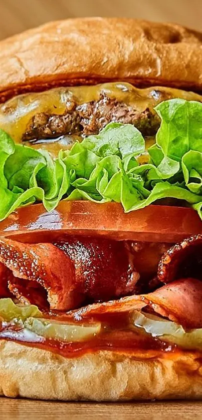 Close-up of a delicious gourmet burger with beef, lettuce, and bacon.