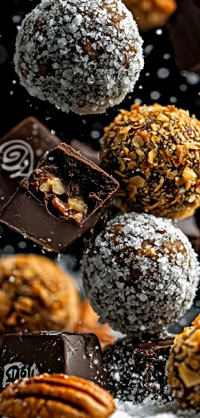 Assorted gourmet chocolate truffles with nuts and cocoa coating.