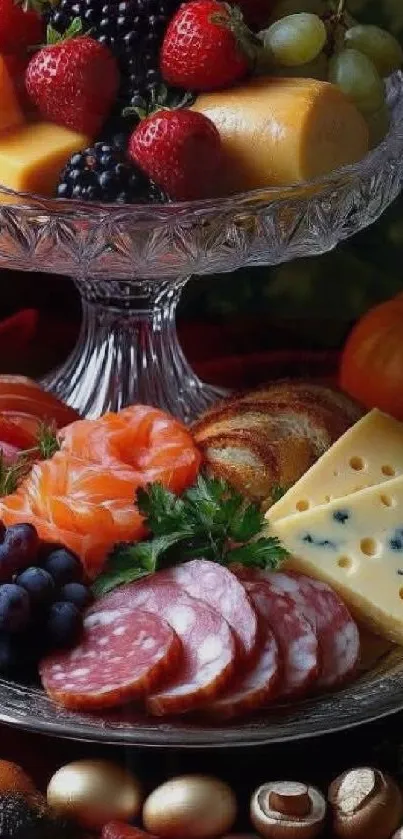 Gourmet food display with fruits, cheese, and meats on a platter.