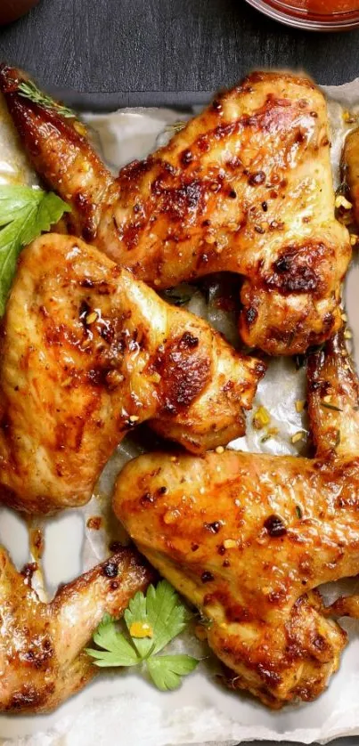 Golden brown grilled chicken wings on a tray.