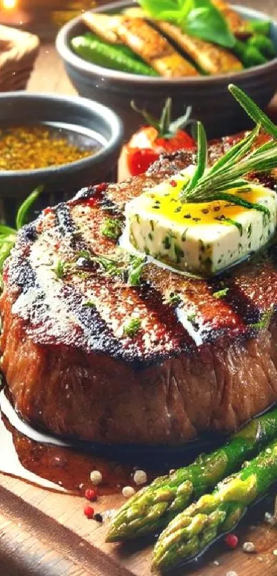 Juicy grilled steak with herb butter and greens.