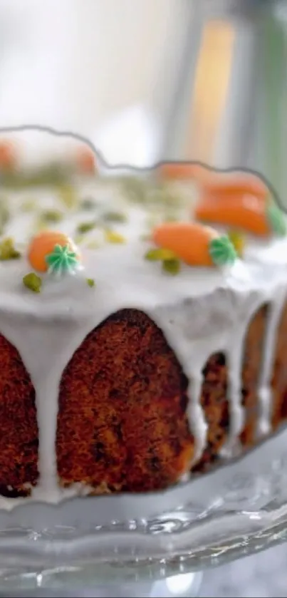 Close-up of a beautifully decorated carrot cake with icing and colorful toppings.