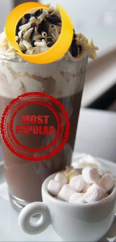 A rich hot chocolate topped with cream and chocolate shavings on a table.
