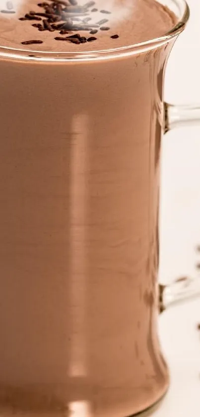 A mug filled with rich, creamy hot chocolate topped with sprinkles.