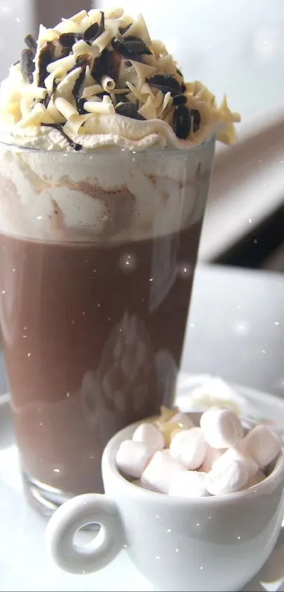 A rich hot chocolate topped with whipped cream in a cozy cafe setting.