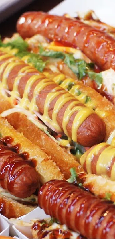 Hot dogs with mustard and ketchup drizzles in a vibrant display.