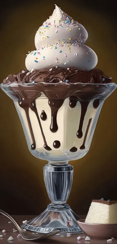 Ice cream sundae in glass with chocolate drizzle and sprinkles.