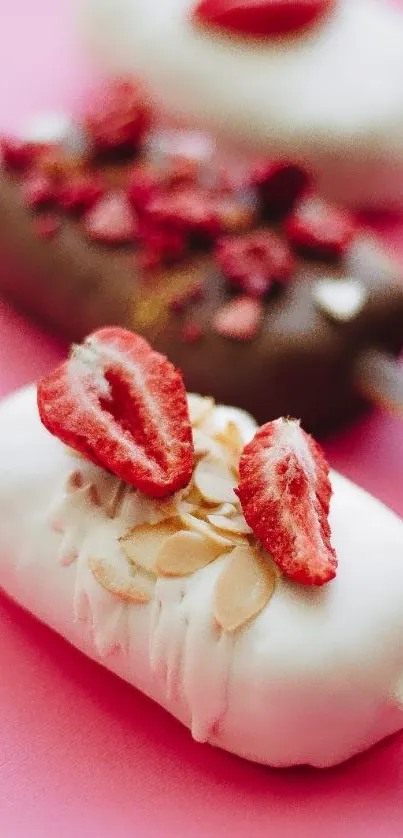 Ice cream bars with strawberries and almonds on pink background.