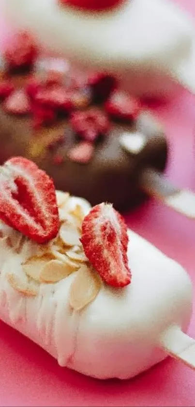 Ice cream bars with berries on pink background.