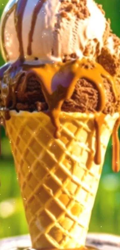 Ice cream cone with chocolate syrup dripping on a sunny day.