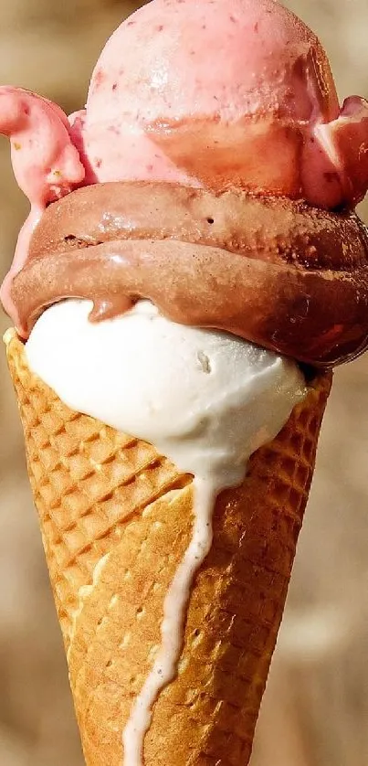 Triple scoop ice cream cone wallpaper with strawberry, chocolate, and vanilla.