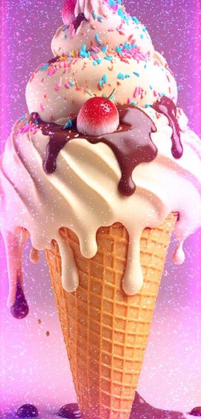 Ice cream cone with sprinkles and chocolate.