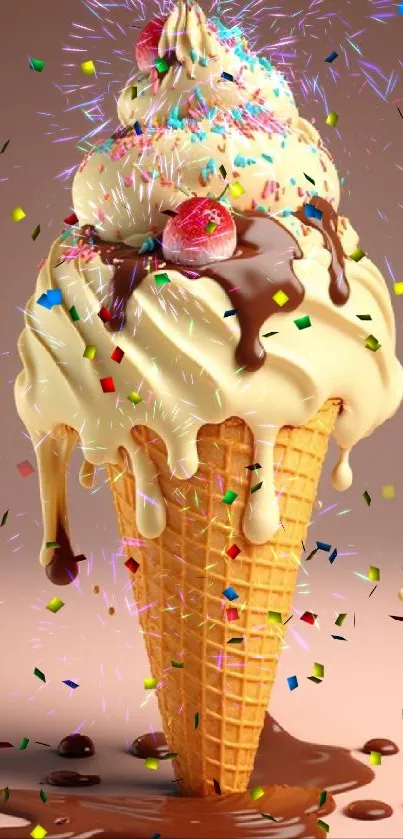 Creamy ice cream cone with sprinkles and chocolate drip.