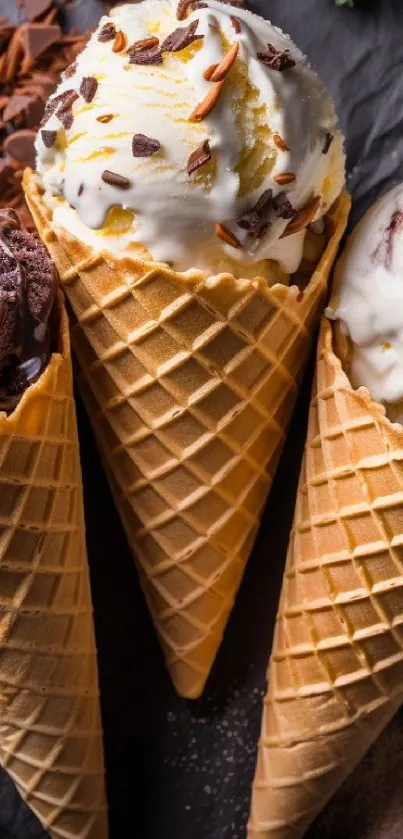 Three tasty ice cream cones atop a dark textured backdrop.