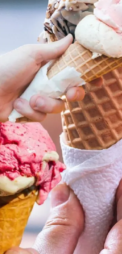 Colorful ice cream cones held in hands.