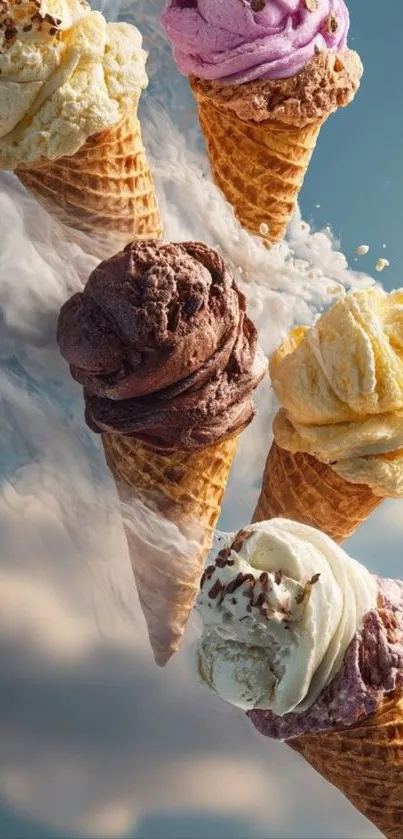 Colorful ice cream cones floating against a blue sky.