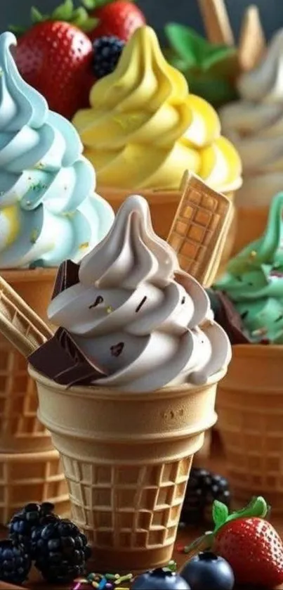 Colorful ice cream cones with berries and wafers.
