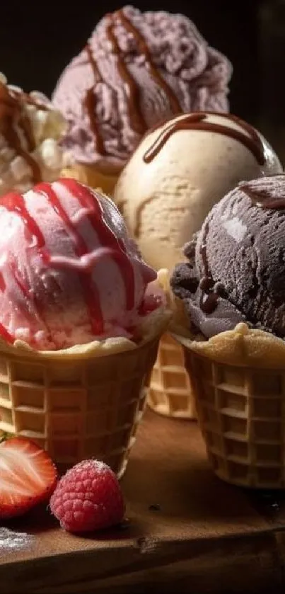 Various ice cream cones with colorful scoops and toppings.