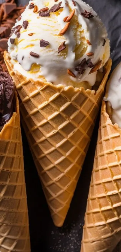 Three ice cream cones with chocolate, vanilla, and mint flavors on display.