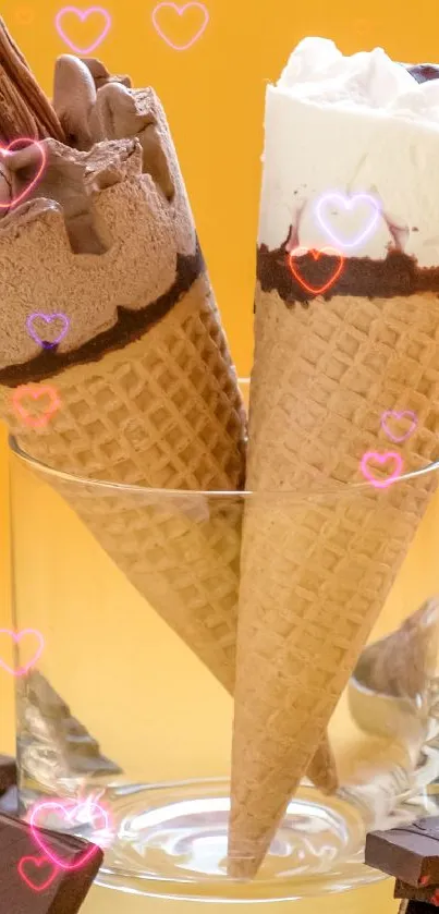 Ice cream cones in glass with chocolate on orange background.