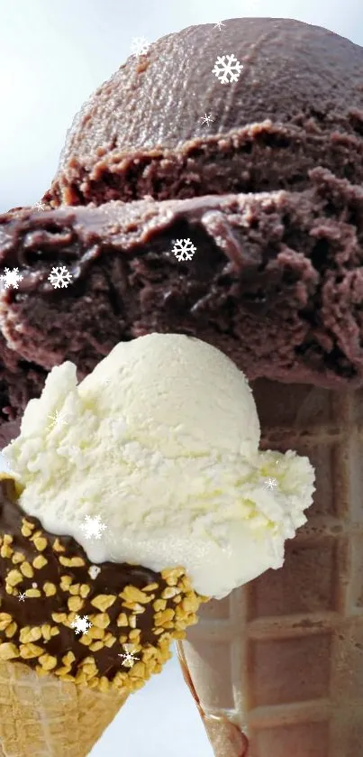 Chocolate and vanilla ice cream cones with snowflakes.
