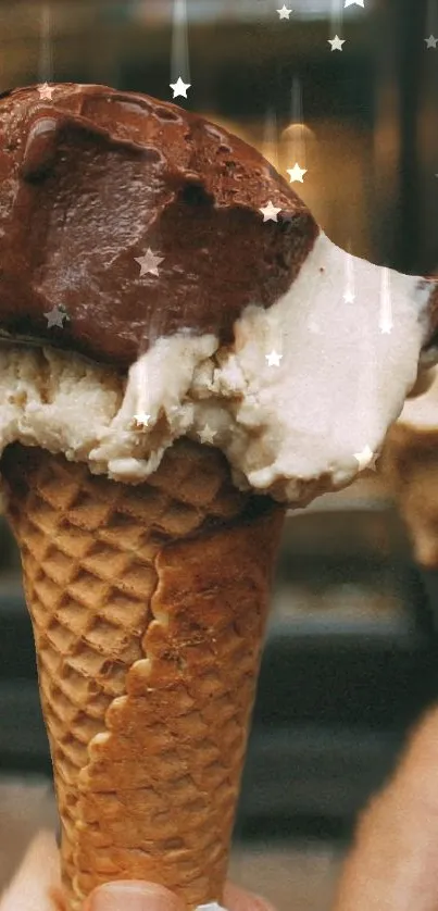 Two delicious ice cream cones in front of a cozy cafe window.