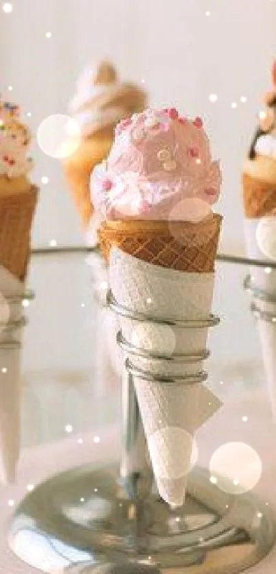 Four ice cream cones with colorful toppings on a stylish stand.