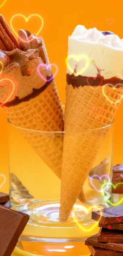 Two ice cream cones in a glass with an orange background.