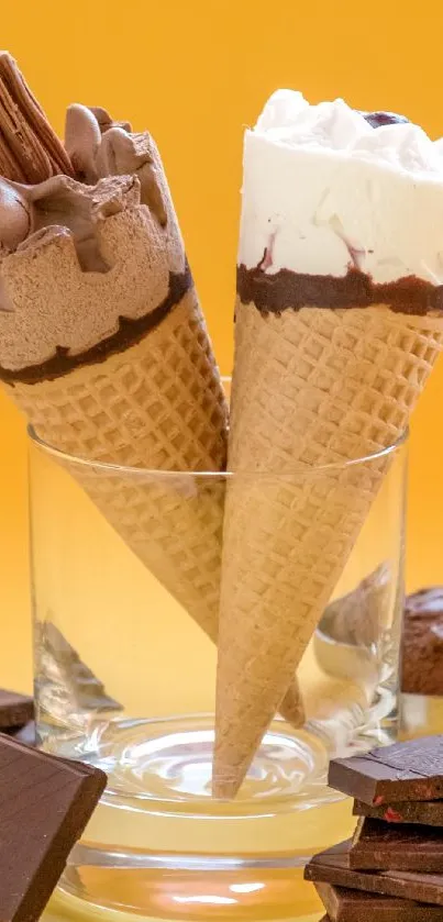 Chocolate and vanilla ice cream cones in a glass with chocolate pieces on orange background.