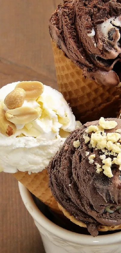A cup holding four delicious ice cream cones on a wooden surface.