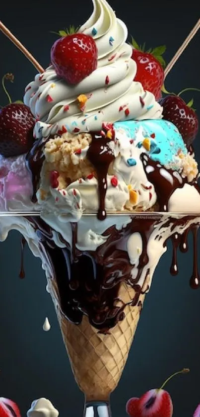 Delicious ice cream cone with strawberries and chocolate drizzles.