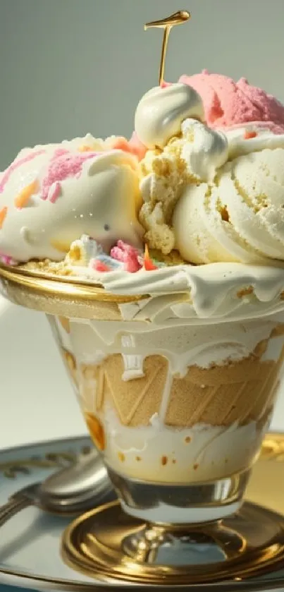 Glass cup with colorful ice cream scoops.