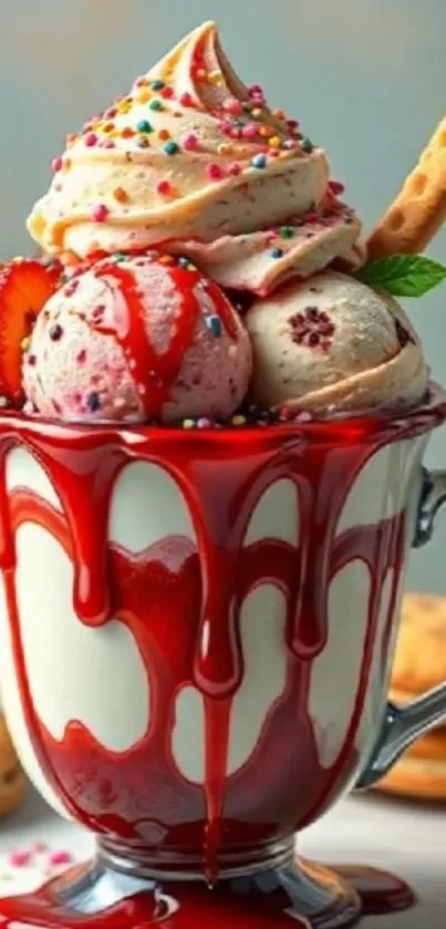 Ice cream sundae with strawberries and sprinkles in glass cup.