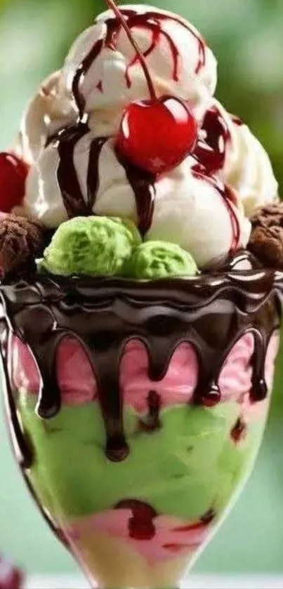 Bright ice cream sundae with chocolate and cherries.