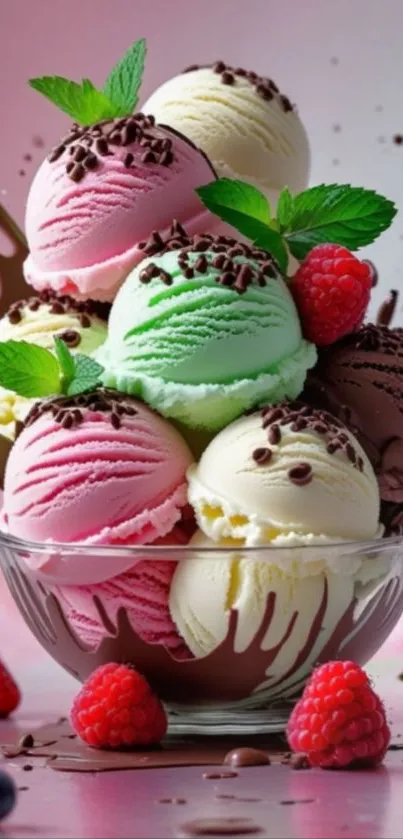Colorful ice cream scoops with berries in a bowl.