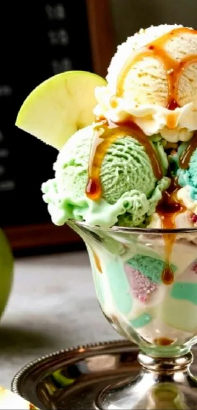 Colorful ice cream with caramel in glass dish.