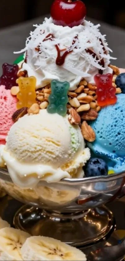 Vibrant ice cream sundae with toppings in a bowl.