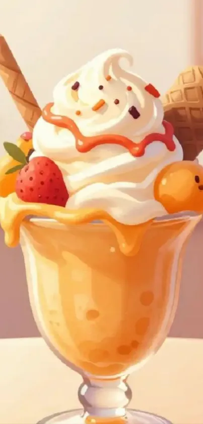 Ice cream sundae with fresh fruits and cones in a glass cup.