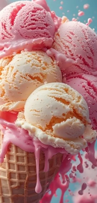 Close-up of ice cream cones with pink scoops and vibrant splashes.