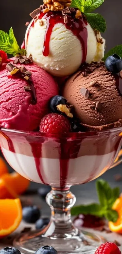 Luxurious ice cream dessert with fruits and chocolate syrup.