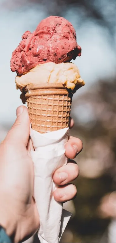 Hand holding a strawberry and vanilla ice cream cone against blurred background.