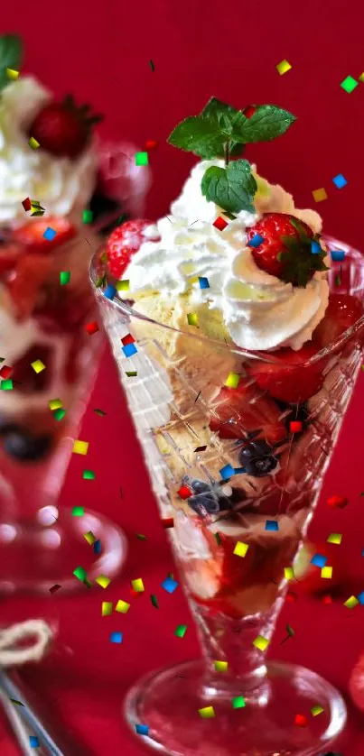 Ice cream sundaes with berries on red background.